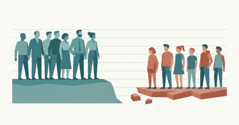 Illustrazione editoriale: due gruppi di figure stilizzate separati da un dislivello, metafora della frattura generazionale nel mercato del lavoro italiano