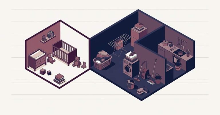 Illustrazione editoriale: sezione stilizzata di una casa, con la stanza della cura dei figli in luce e le stanze del lavoro domestico in ombra